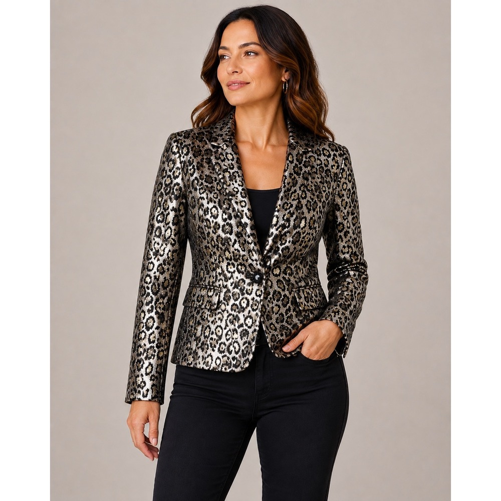 Tahari ASL Metallic Leopard Animal Print Blazer Gold Silver Women's 12
